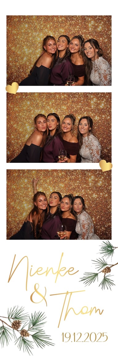 Bruidsmeisjes in gala-jurken poseren in fotobooth op bruiloft